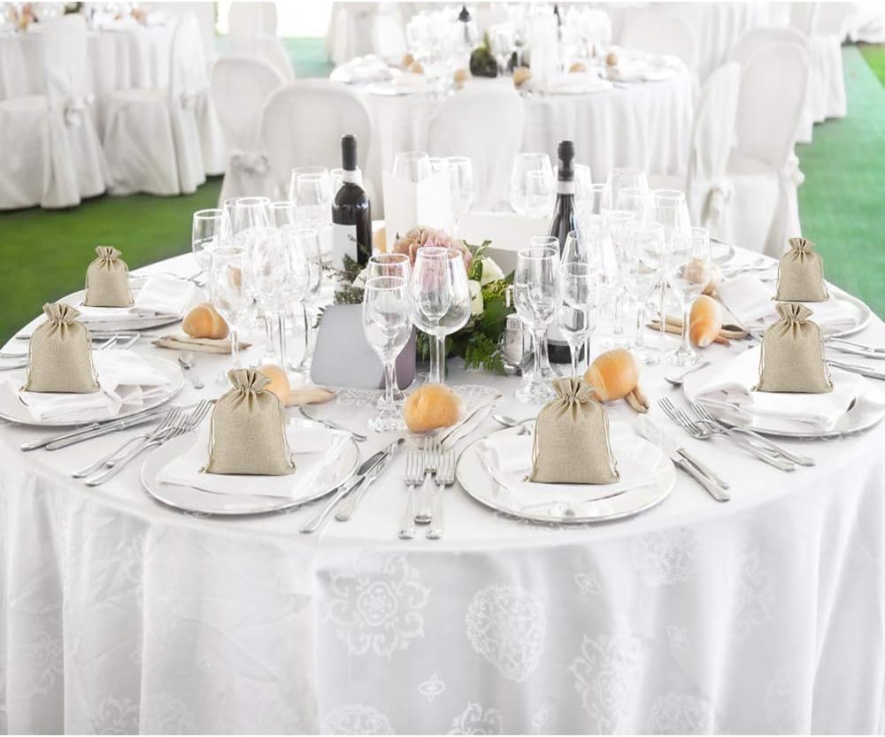 Lucky Monet 25/50/100PCS Burlap Gift Bags Wedding Hessian Jute Bags Linen Jewelry Pouches with Drawstring for Birthday, Party, Wedding Favors, Present, Art and DIY Craft (50Pcs, Cream, 7” x 9”)