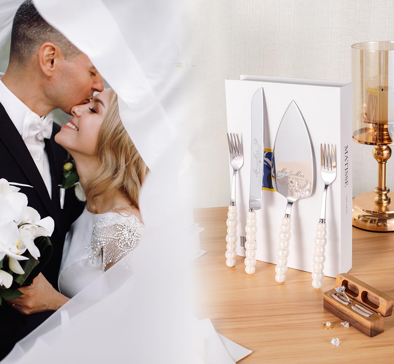 Wedding Cake Knife and Server Set, Ceramic Pearl Handle Cake Cutting Set for Wedding Gifts Bridal Shower Gifts Engagement Gifts for Couples