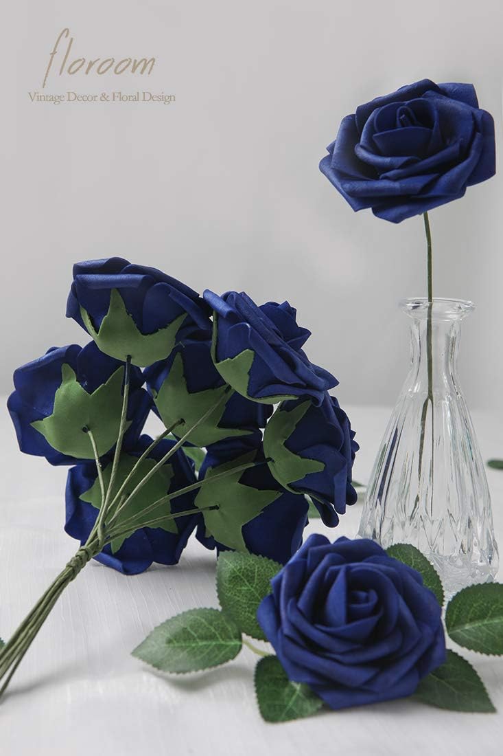 Floroom Artificial Flowers 25pcs Real Looking Royal Blue Foam Fake Roses with Stems for DIY Table Centerpieces Party Home Decorations