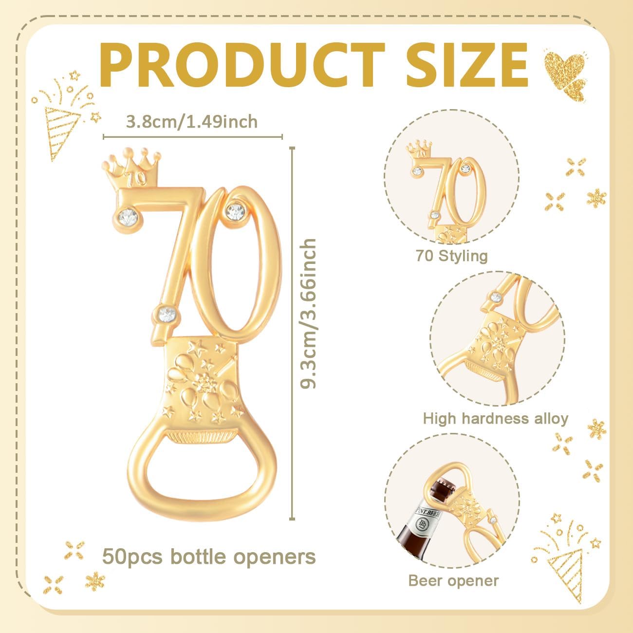 50Pcs 70th Birthday Bottle Openers, Gold, Irregular Shape, Metal Material, Perfect for Parties & Gatherings