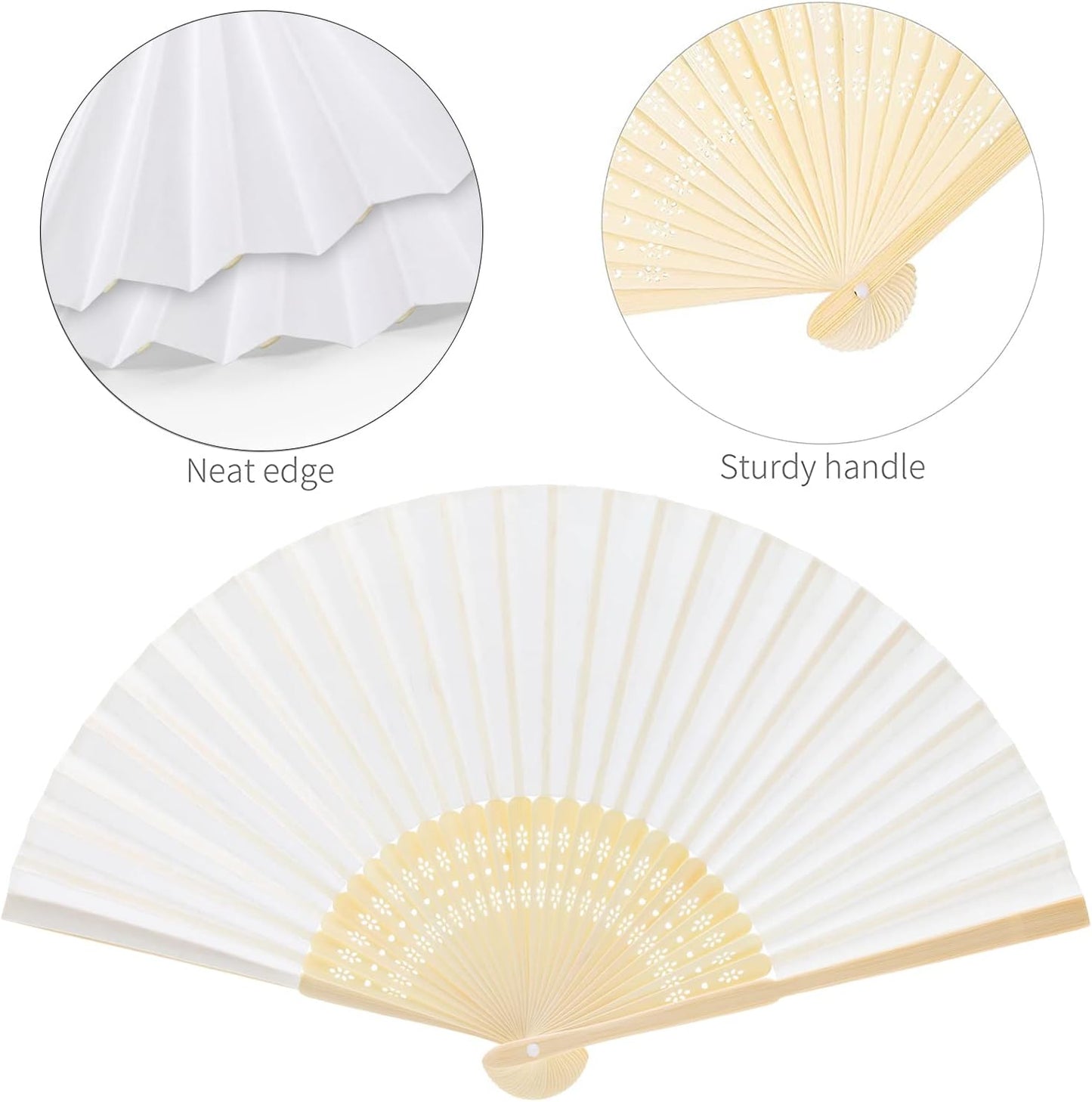 FEPITO 55 Pieces White Handheld Paper Fan Paper Folding Fans with Bamboos for Wedding Gift, Party, Home