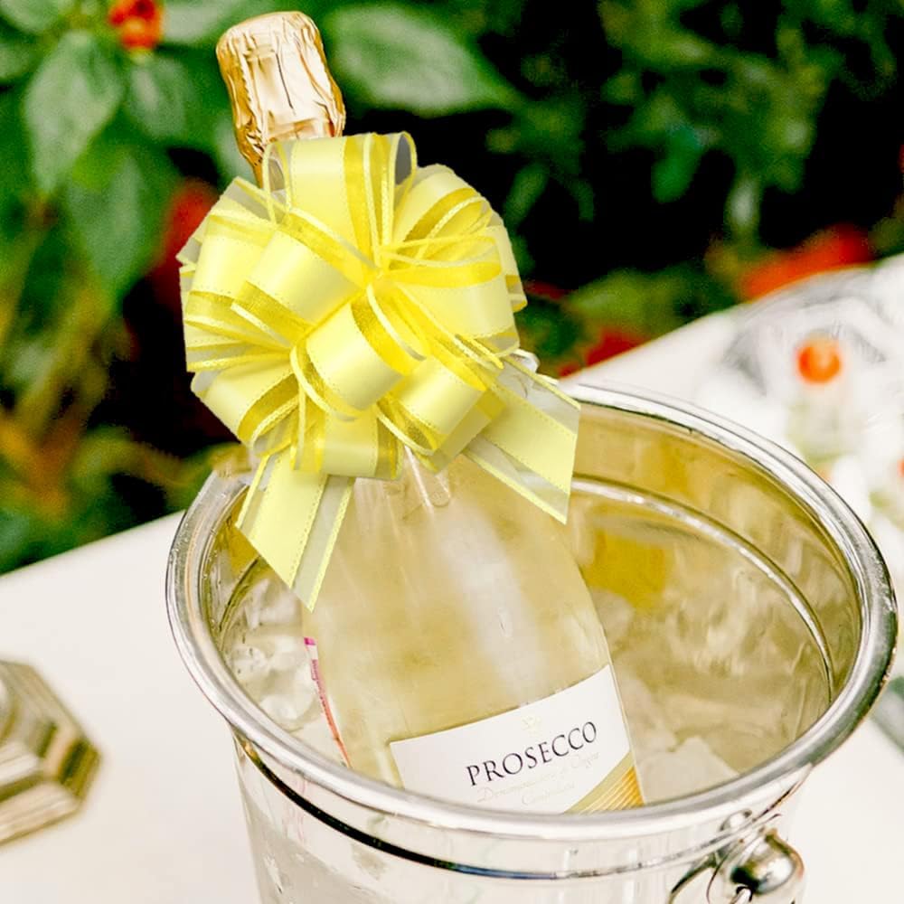 6 Pieces Large Pull Bows, 6 inches, Floral, Yellow, Organza, Wedding, Baby Shower, Bridal Shower, DECORATIVE RIBBON TRIM, 6 Count