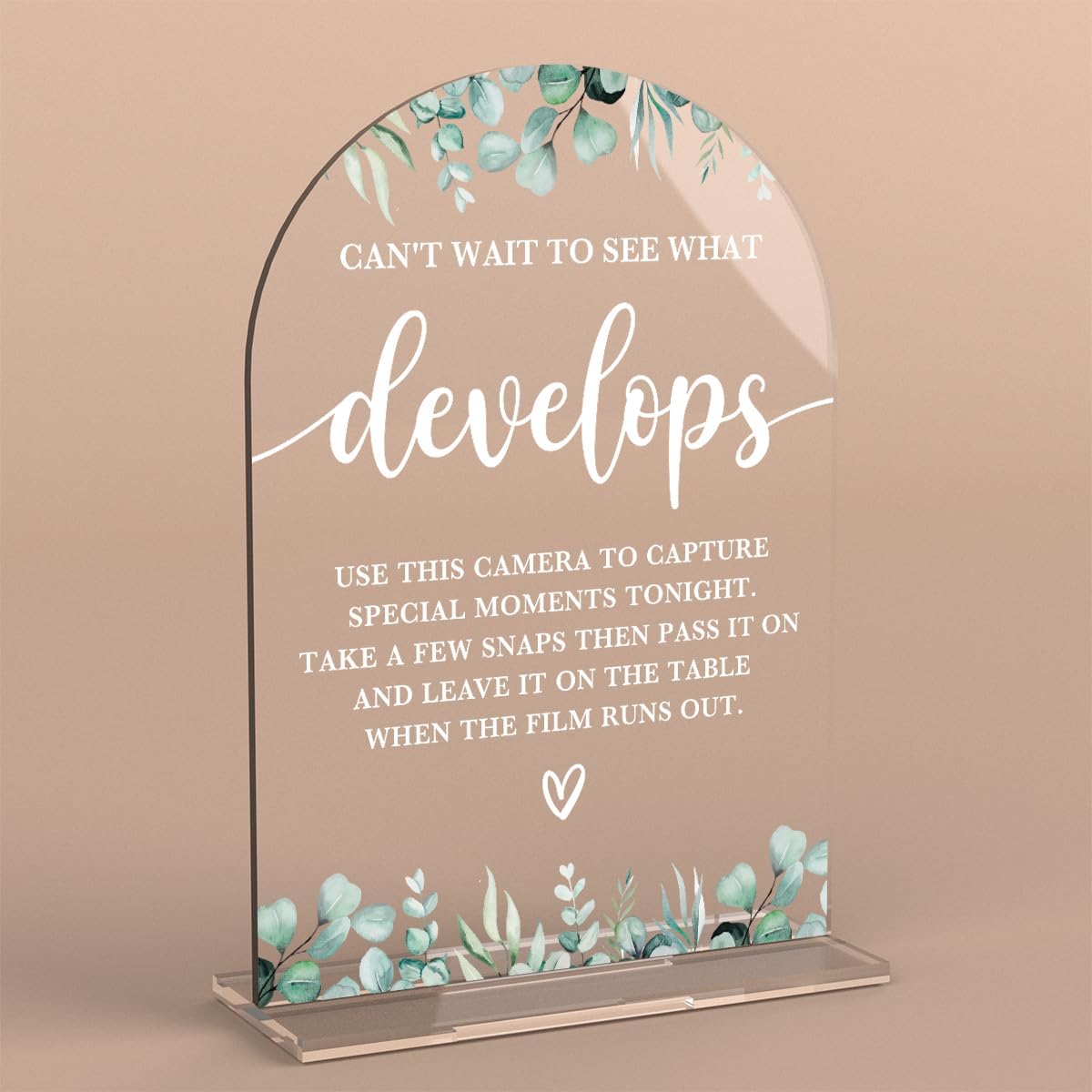 Acrylic Wedding Sign Can't Wait to See What Develops Signs for Ceremony Modern Calligraphy Arch Acrylic Table Top Signs for Wedding Reception and Event Party Table Decor (Eucalyptus Leaves)