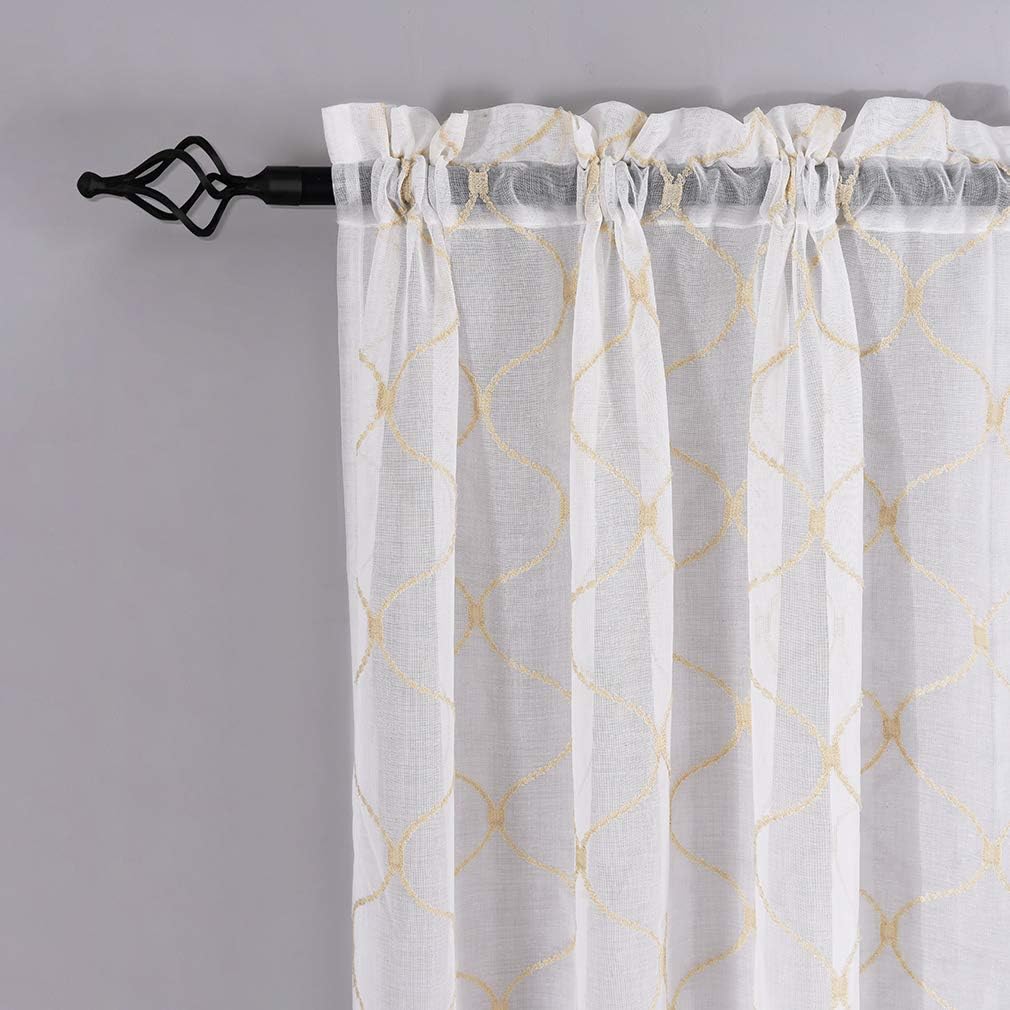 Sheer Curtains Gold 95 Inches Long, Embroidered Wave Diamond Window Treatments Rod Pocket Drapes for Living room, Bedroom, Semi Crinkle Voile Curtain Panels for Yard, Patio, Villa, Set of 2, 52"x95".