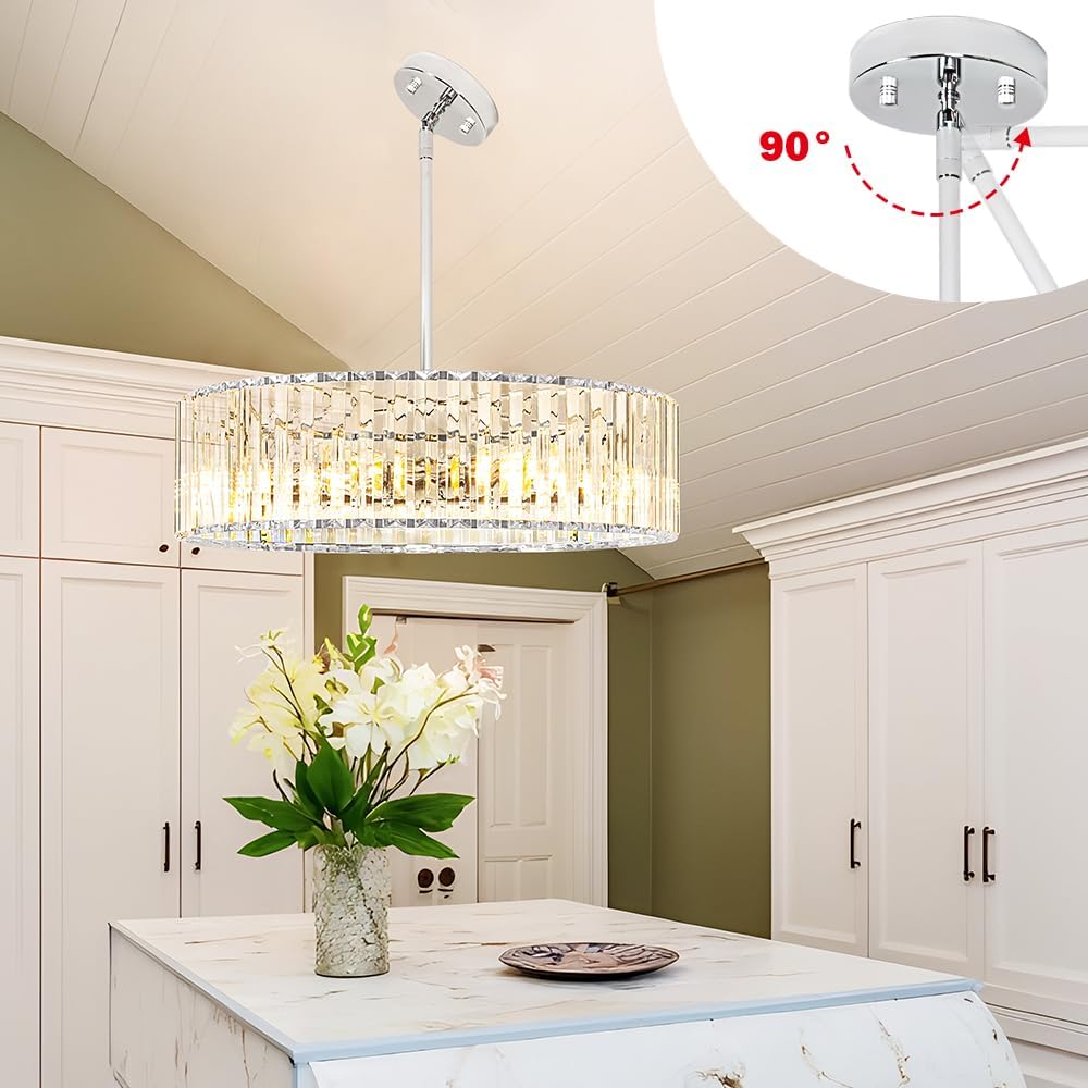 Modern Crystal Chandelier for Dining Room, 6 Light Chrome Semi Flush Mount Ceiling Light Fixtures, 19in Hallway Fixture, Round Kitchen Hanging Drum Pendant Lights Ceiling for Living Room Bedroom Foyer