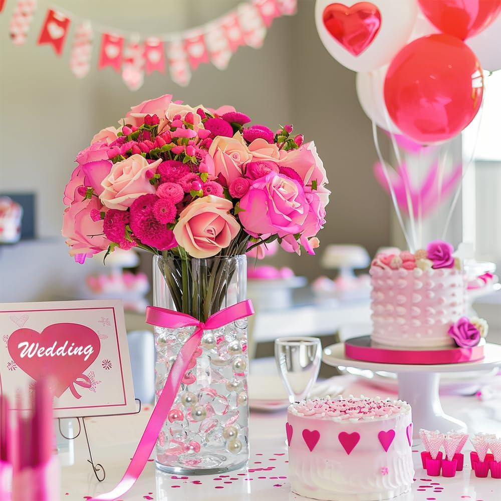 HappyFiller 1075 PCS Floating Pearl Beads,Gems for Centerpiece,Vase Filler Fink Faux Pearls Fake Crystal Diamonds,Table Candles Party Wedding Decoration 14 OZ