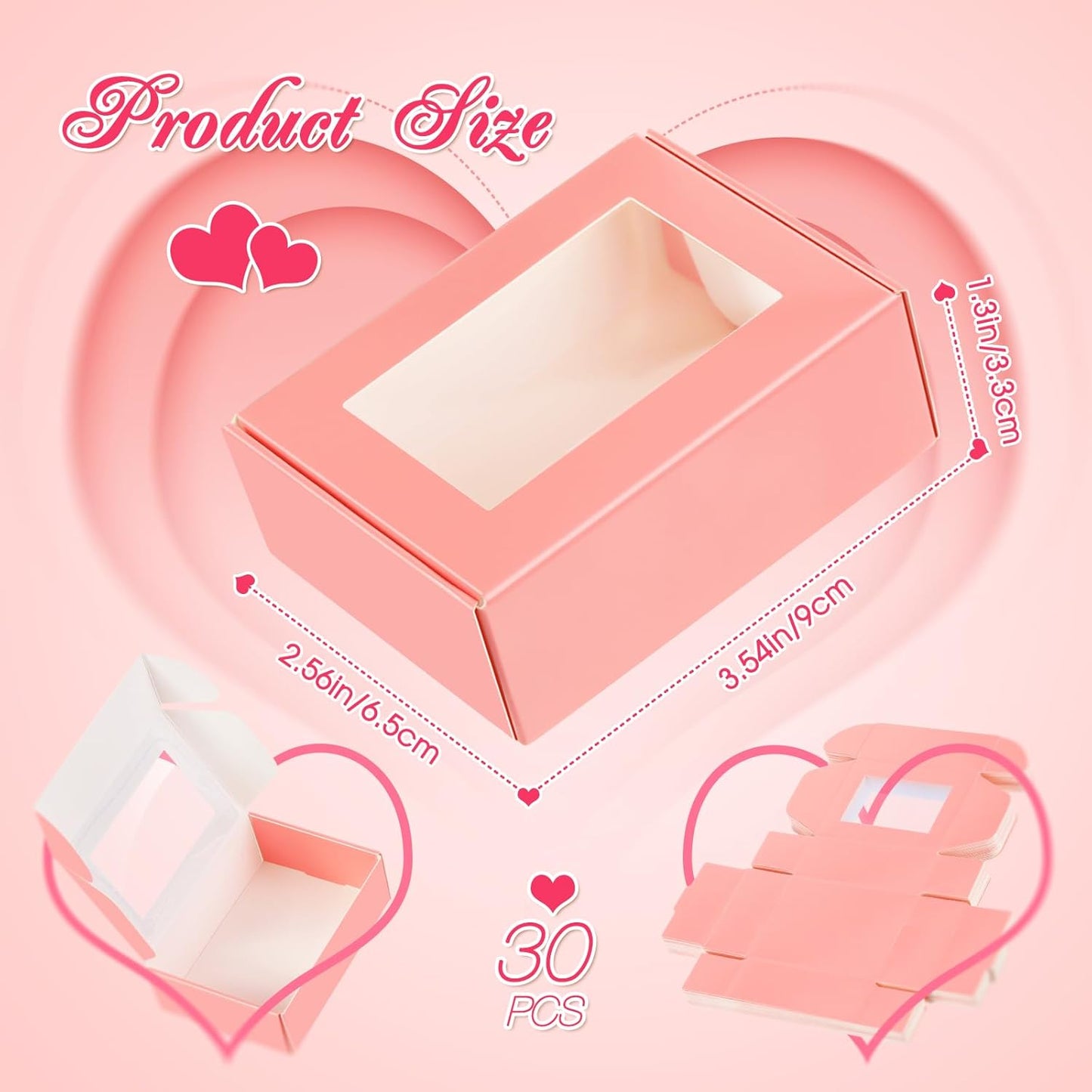 Zonon 30 Pcs Soap Boxes for Homemade Packaging, Mini Kraft Treat Boxes with Window for Bakery Candy Soap Making Gift Packaging(3.5 x 2.4 x 1.2 Inch,Pink)