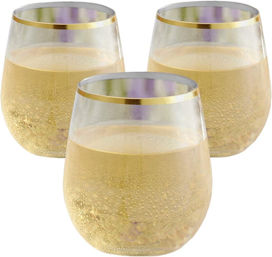 48 piece Stemless Unbreakable Crystal Clear Plastic Wine Glasses Set of 48 Small (10 Ounce - Gold Rim)