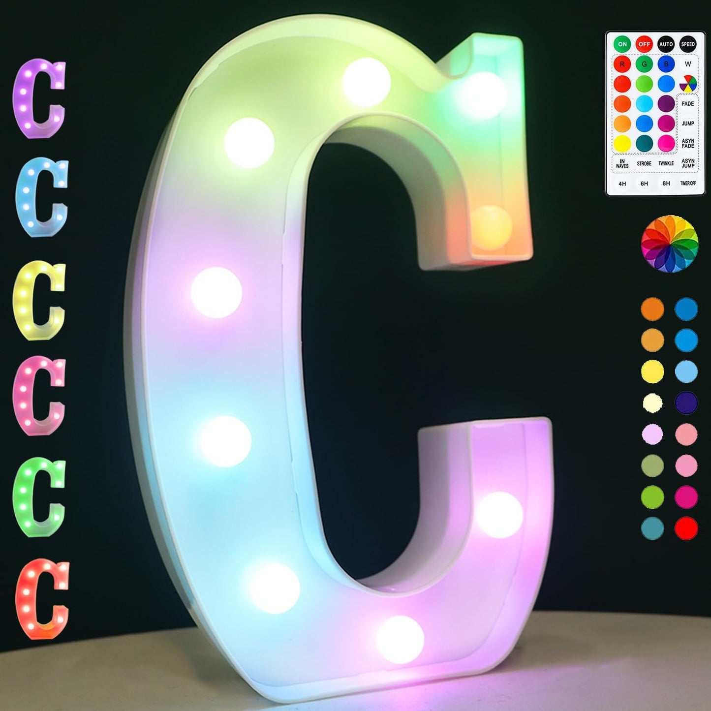 Light Up Colorful LED Marquee Letter lights, 18 Colors Changing Alphabet Letters Sign with Remote Timer for Night Light Girls Bedroom Wedding Birthday Party Lamp Christmas Home Bar Decor- Colorful C