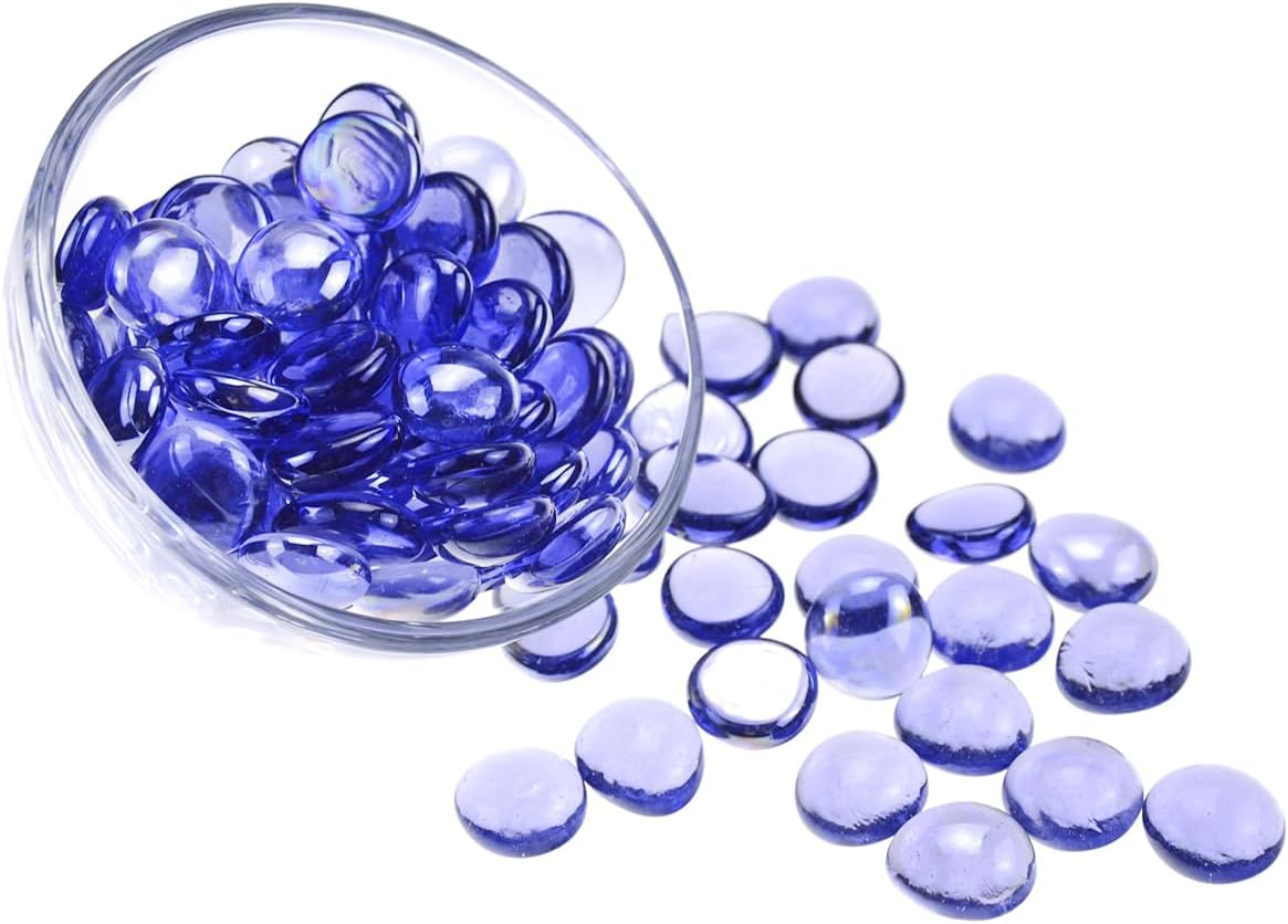 KINGOU Flat Glass Gems/Marbles/Stones/Beads for Vase Filler, Table Scatter, Games - 1 Lbs (17-19mm, Approx. 3/4") (Purple, Standard) - Light Purplish Blue
