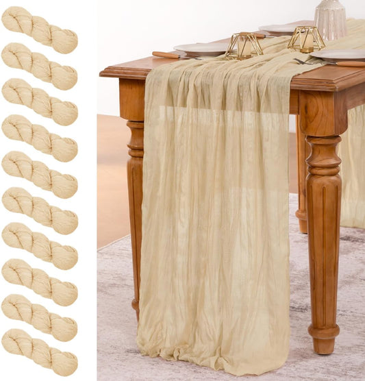 MLMW 10 Pack Champagne Gold Table Runner Cheesecloth Boho Gauze Rustic Cheese Cloth 160 inch Sheer Wedding Table Runner 13.3ft for Thanksgiving Party Baby Bridal Shower Birthday