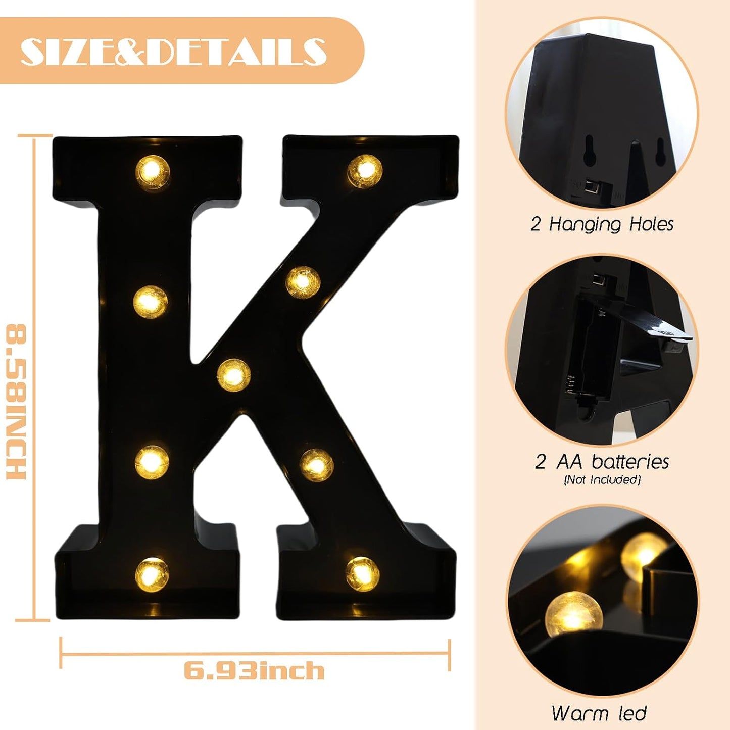 Led Marquee Letters, 8.58 Inch Black Light Up Letters, Small Led Letter Lights, Battery Powered Lighted Letterfor Table, Party, Birthday, Christmas Decor (Black, Letter K)