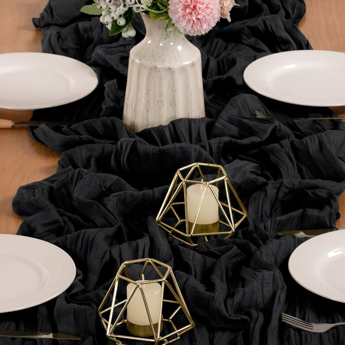 MLMW Halloween Table Runner Cheesecloth Black Boho Gauze Cheese Cloth 160 inch Rustic Sheer Table Runner 13.3ft for Party Wedding Baby Bridal Shower Birthday