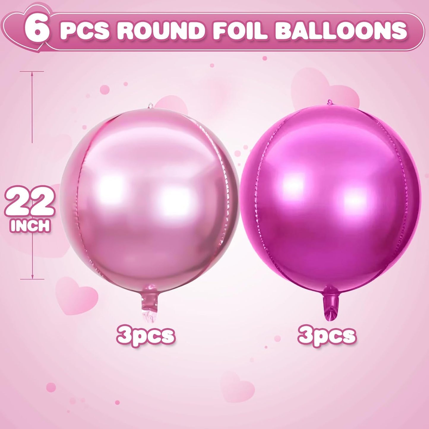 6Pcs Hot Pink and Pink Round Foil Balloons,Giant 4D Round Ball Balloons,22 Inch Metallic Pink Balloon for Birthday Wedding Graduation Prom Party Decorations