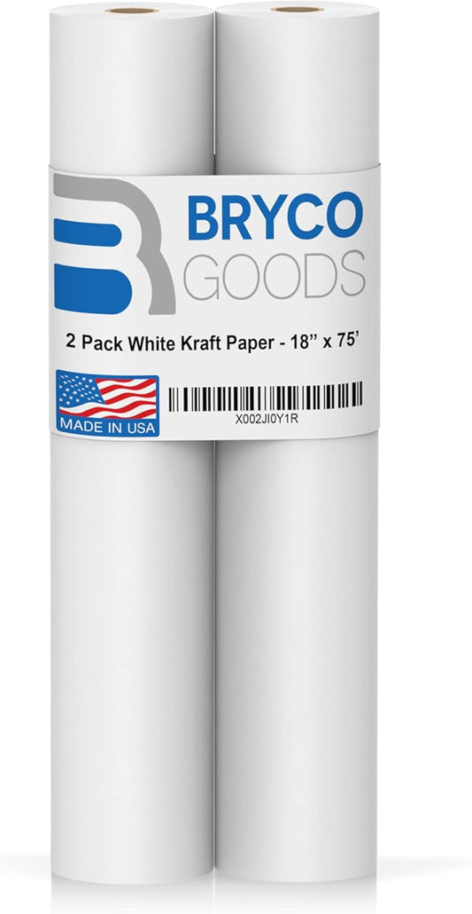 Bryco Goods Kraft Paper Roll - 18” x 75’ (900”) - Pack of 2 - White Easel Paper for Drawing, Painting, Arts & Crafts, Bulletin Boards, and Gift Wrapping - Made in The USA