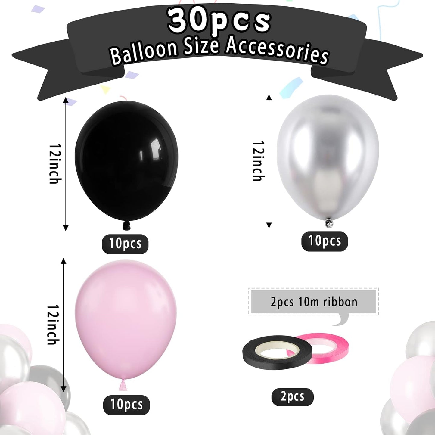 Paready Pink and Black Balloons, 30 Pcs 12 Inch Pastel Pink and Metallic Silver Latex Balloons for Birthday Baby Shower Engagement Anniversary Wedding Bridal Shower Party Graduation Decoration