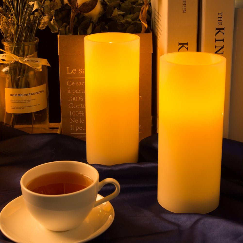 Homemory 7"x3" Flameless Candles Battery Operated, Amber Yellow Light，Realistic Wax LED Pillar Candles with 2 Remote Controls & Cycling 24-Hour Timer, Long Battery Life, Set of 2, Ivory, Indoor Only