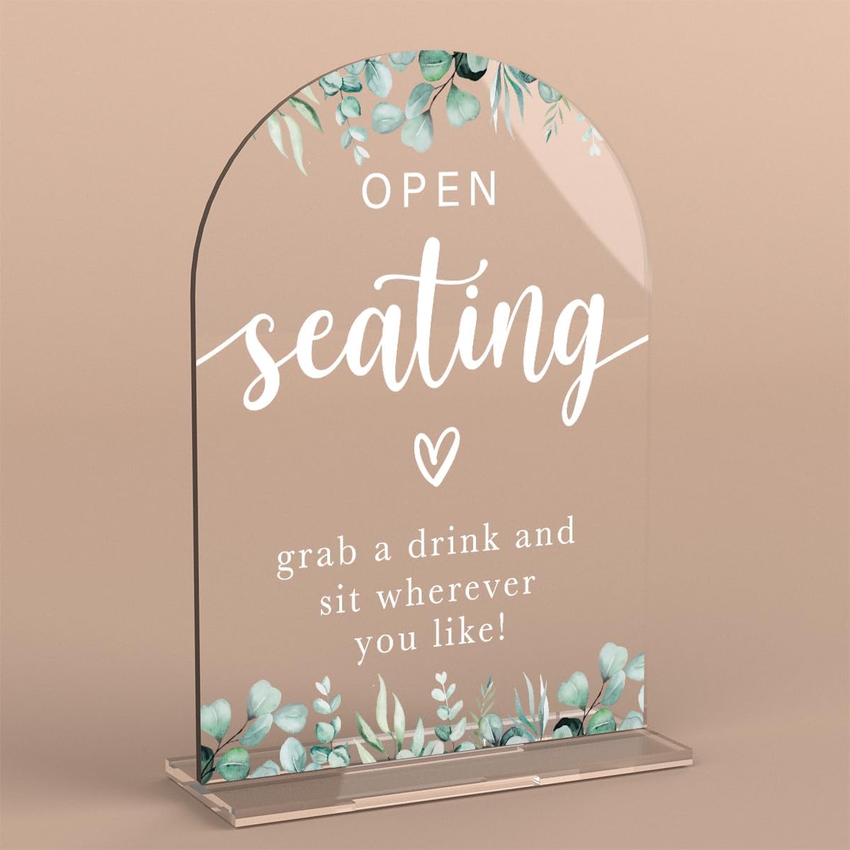 Acrylic Wedding Sign Open Seating Signs for Ceremony Modern Calligraphy Arch Acrylic Table Top Signs for Wedding Reception and Event Party Table Decor (Eucalyptus Leaves)