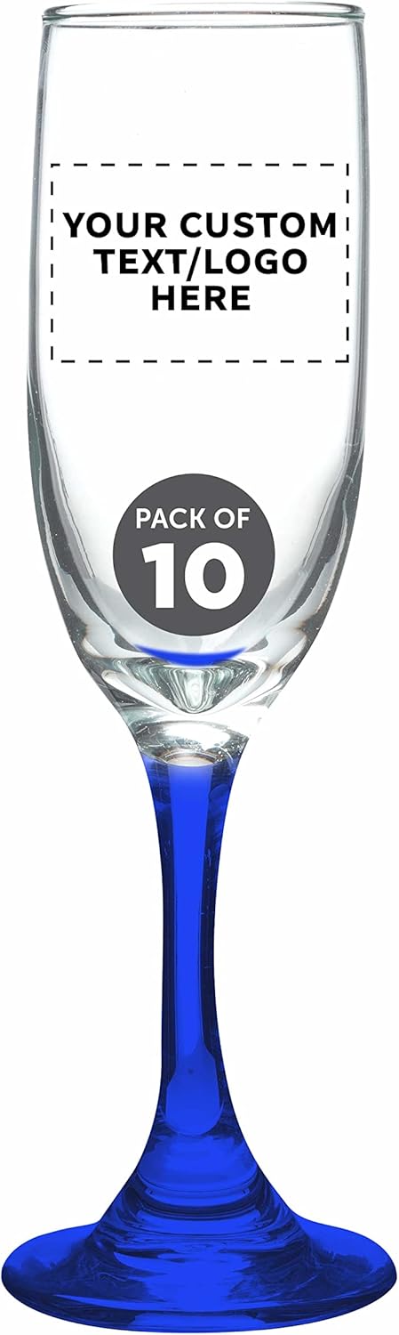 DISCOUNT PROMOS Custom Premiere Champagne Flutes 6.25 oz. Set of 10, Personalized Bulk Pack - Elegant Drinkware for Weddings, Events, & Promotional Gifts - Blue