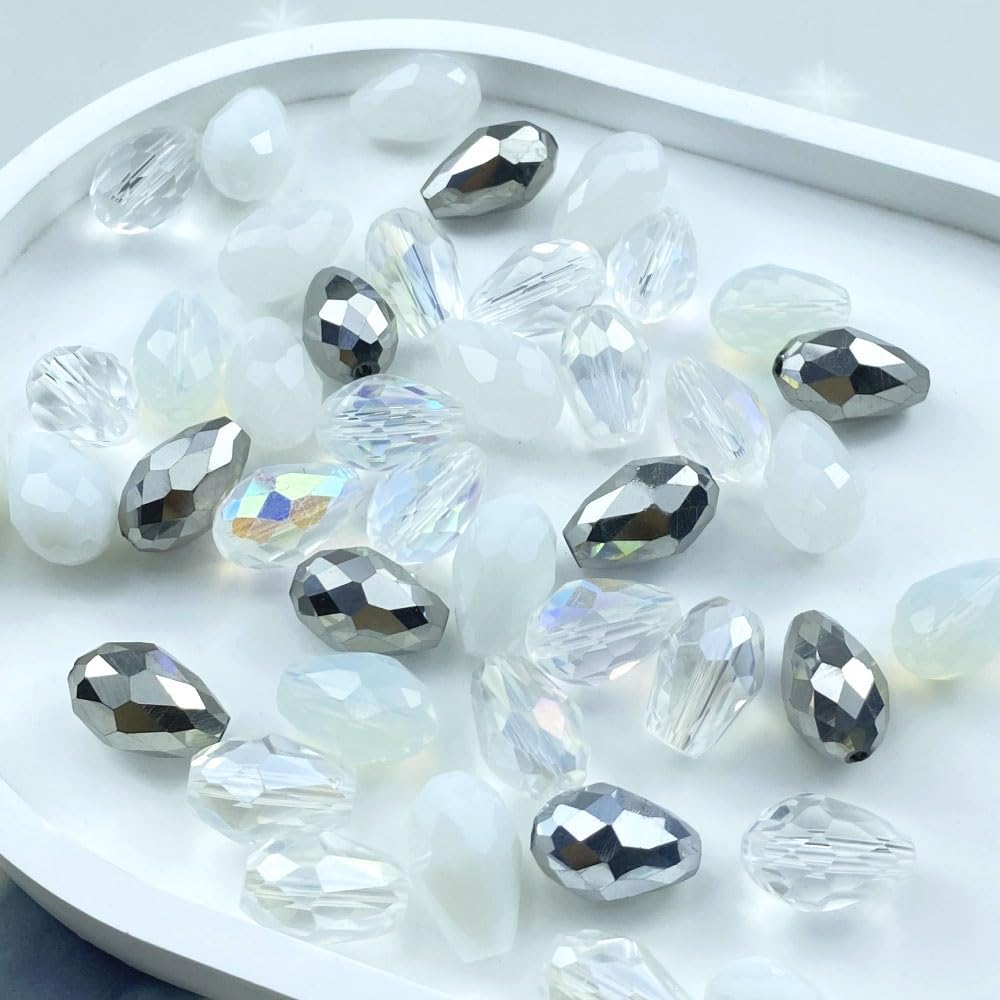 40pcs 10x15mm Teardrop Crystal Glass Beads Vertical Hole Faceted Loose Spacer Beads for DIY Craft Jewelry Making Necklace Bracelet Earring Wind Chimes(White Series)