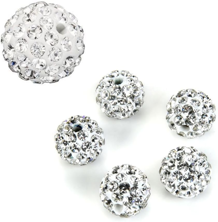 50pcs Adabele Grade A Suncatcher Crystal Rhinestone Pave Loose Beads 10mm Clear White Polymer Clay Disco Ball Spacers Compatible with Shamballa All Craft Jewelry Making DB10-1
