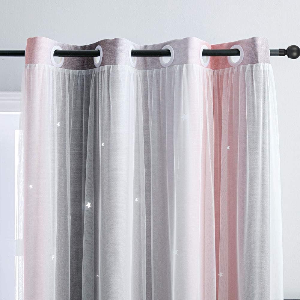 FANLI Ombre Rainbow Blackout Curtains for Kid Girls Bedroom Living Room Darking Stripe Double Layer Star Cut Out Wall Home Decor Gradient Grommet Window Curtains (Pink/Grey, 52W x 63L)