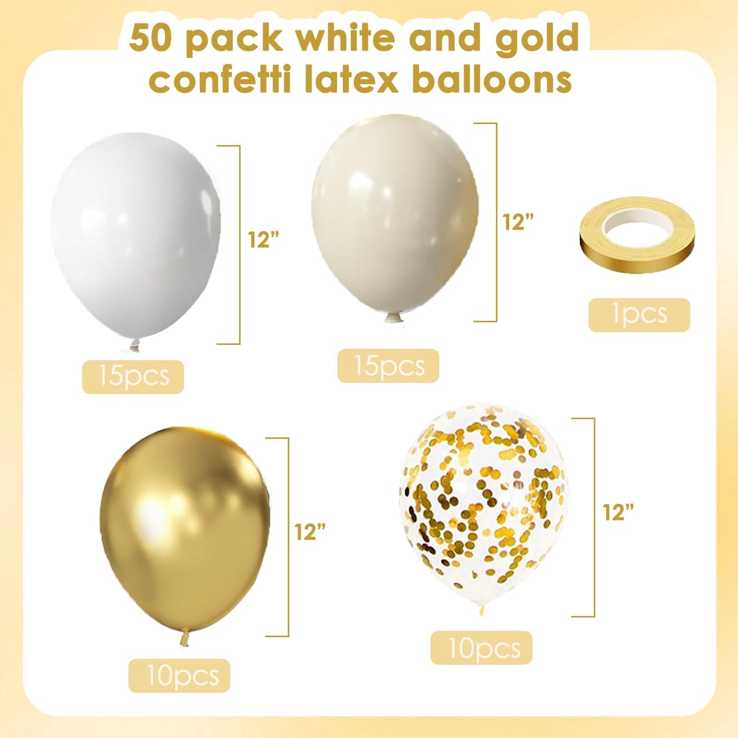 White and Gold Confetti Balloons, 50pcs 12 Inch Metallic Champagne Gold Latex Balloons Matte Sand Beige White Latex Balloons for Birthday Graduation Wedding Gender Revea Party Decorations