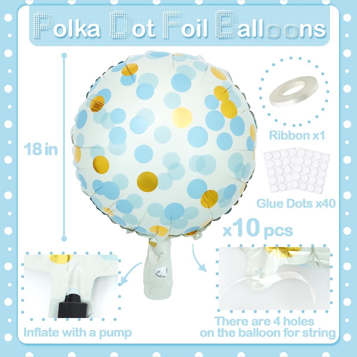 10 Pcs Blue Polka Dot Foil Balloons, 18" Foil Round Balloons with Blue Gold Dots, Helium-Friendly Circle Dot Balloons for Birthday Decor, Baby Showers, Gender Reveal, Holiday Festival Celebrations