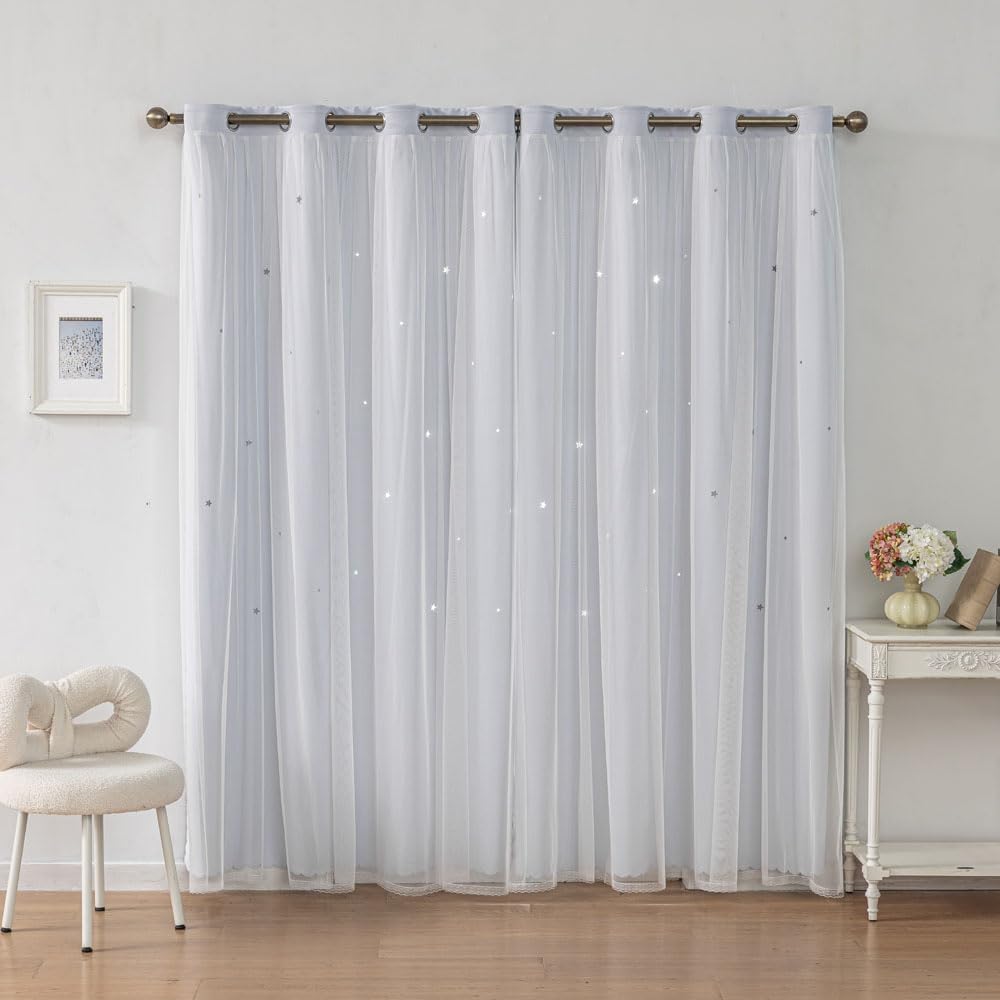 Ombre Rainbow Blackout Curtains for Kid Girls Bedroom Living Room Darking Stripe Double Layer Star Cut Out Wall Home Decor Gradient Grommet Window Curtains (Greywish White 63)
