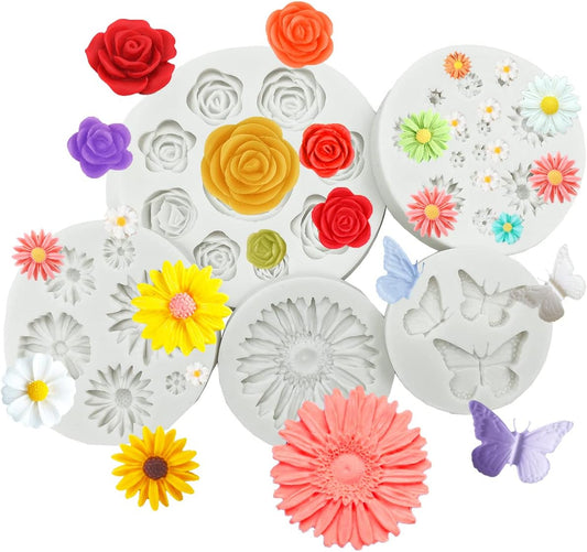 Flower Silicone Fondant Molds, 5pcs Butterfly Daisy Rose Chrysanthemum Flower Silicone Mould Candy Chocolate Molds for DIY Cake Cookie Pudding Gum Paste Cupcake Cake Topper Decoration Desserts Sugar