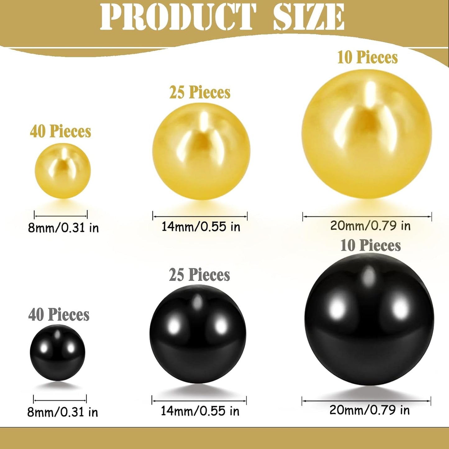 200 Pcs Vase Filler Beads Black and Gold Pearl Beads for Vase No Hole Pearls for Centerpieces Vases Home Table Party Decor Wedding DIY 8/14/20mm