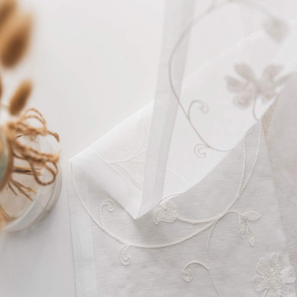 MYSTIC-HOME Embroidery White Sheer Curtains 84 Inches Long, Rod Pocket Sheer Drapes for Living Room, Bedroom, 2 Panels, 52"x84", Semi Crinkle Voile Window Treatments for Yard, Patio, Villa, Parlor.