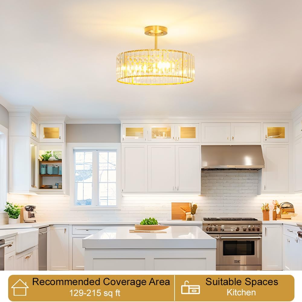 Modern Crystal Ceiling Light Fixture, Semi Flush Mount Ceiling Light, Brushed Brass Hallway Lighting Fixtures Chandelier, Crystal Chandelier for Kitchen Bedroom Dining Room Closet, 5-Light, 16 Inch