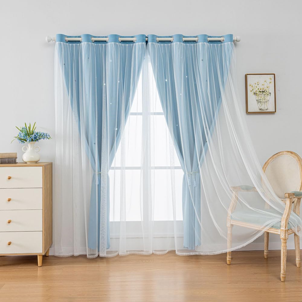 FANLI 2 Panels Star Blackout Curtains for Kid Girls Bedroom Living Room Darking Stripe Double Layer Star Cut Out Wall Home Decor Gradient Grommet Window Curtains (Blue 84L)