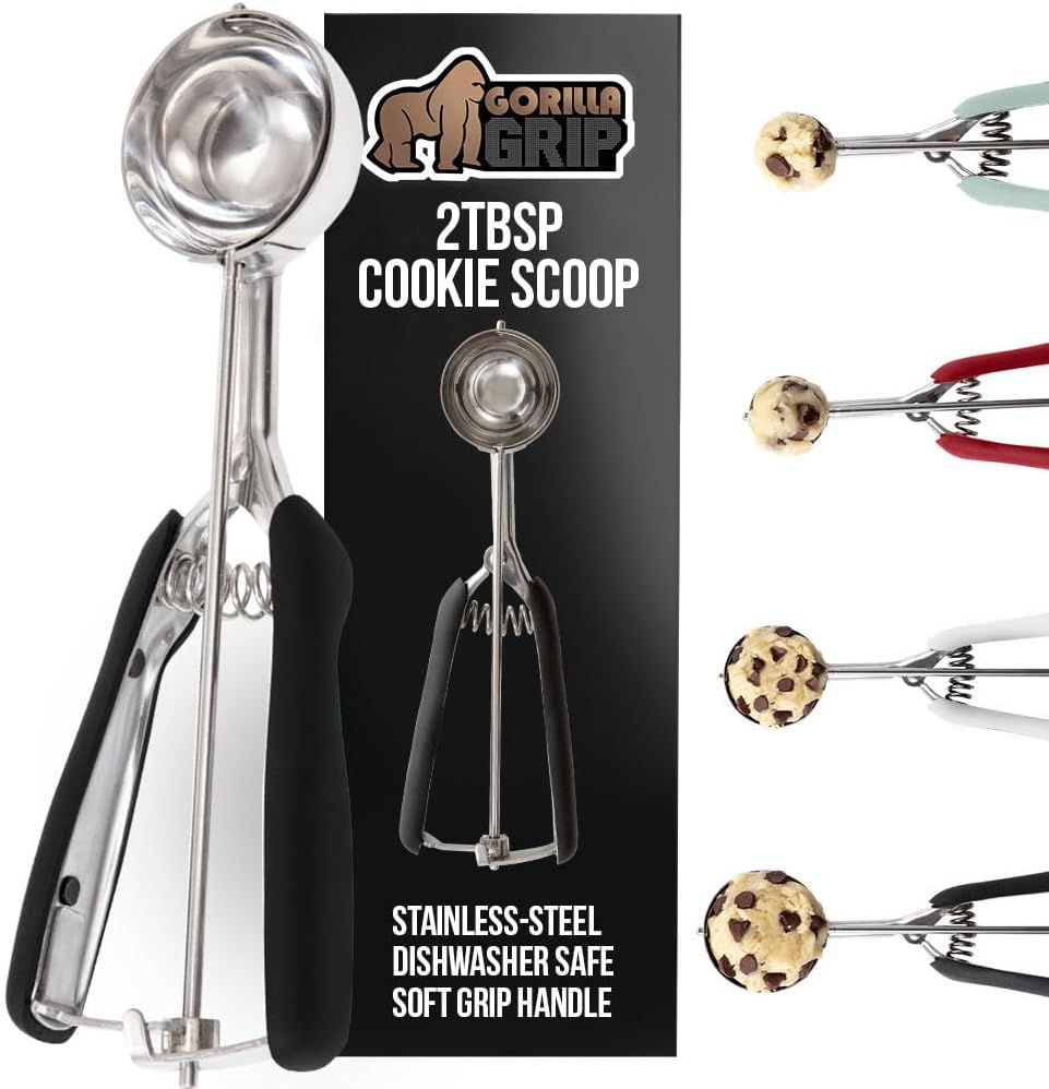 GORILLA GRIP Stainless Steel Cookie Scoop for Baking, 2 TBSP, Multipurpose Melon Baller, Meatball Spring Scoops, Perfect Portion Sizes, Easy Food Release, Scooper Size 40, BPA-Free Kitchen Tool, Black