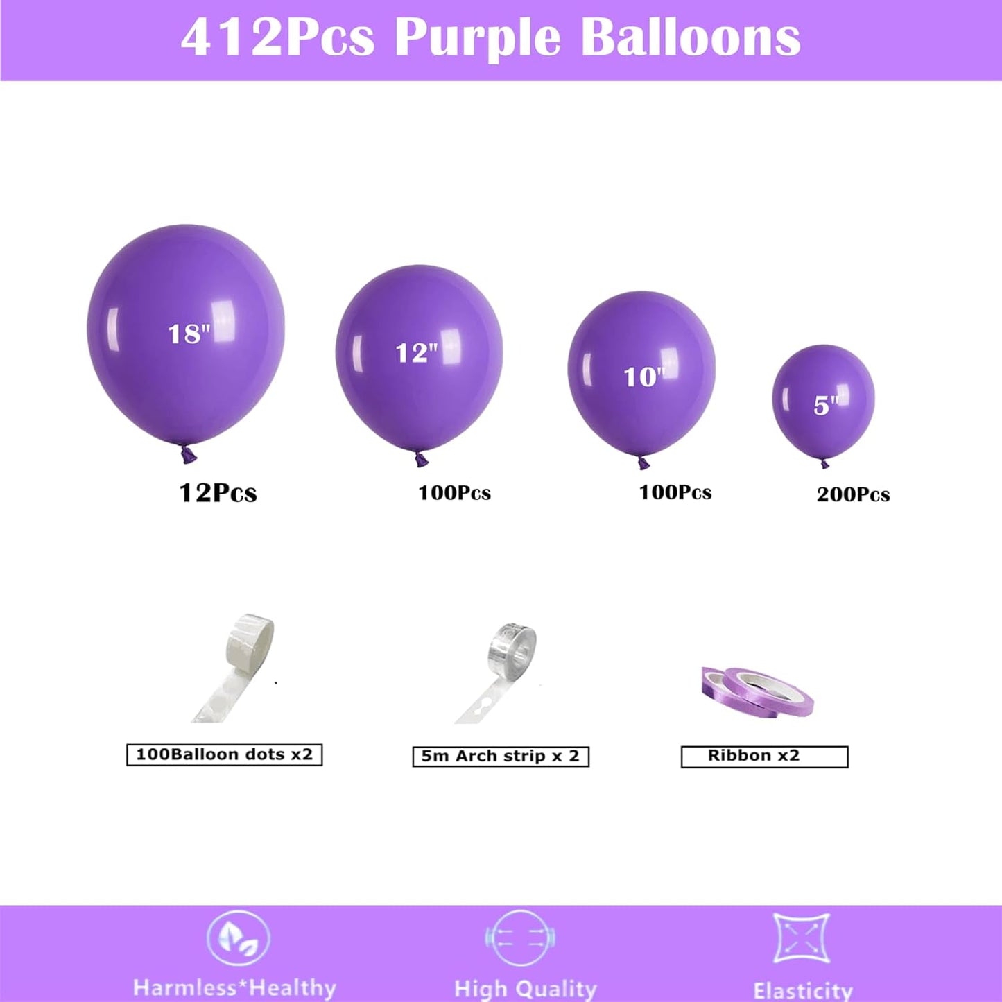 412pcs Purple Balloons 18 12 10 5 Inch Purple Balloon Garland Arch Kit Different Sizes Matte Latex Balloons for Baby Shower Birthday Wedding Party Decorations