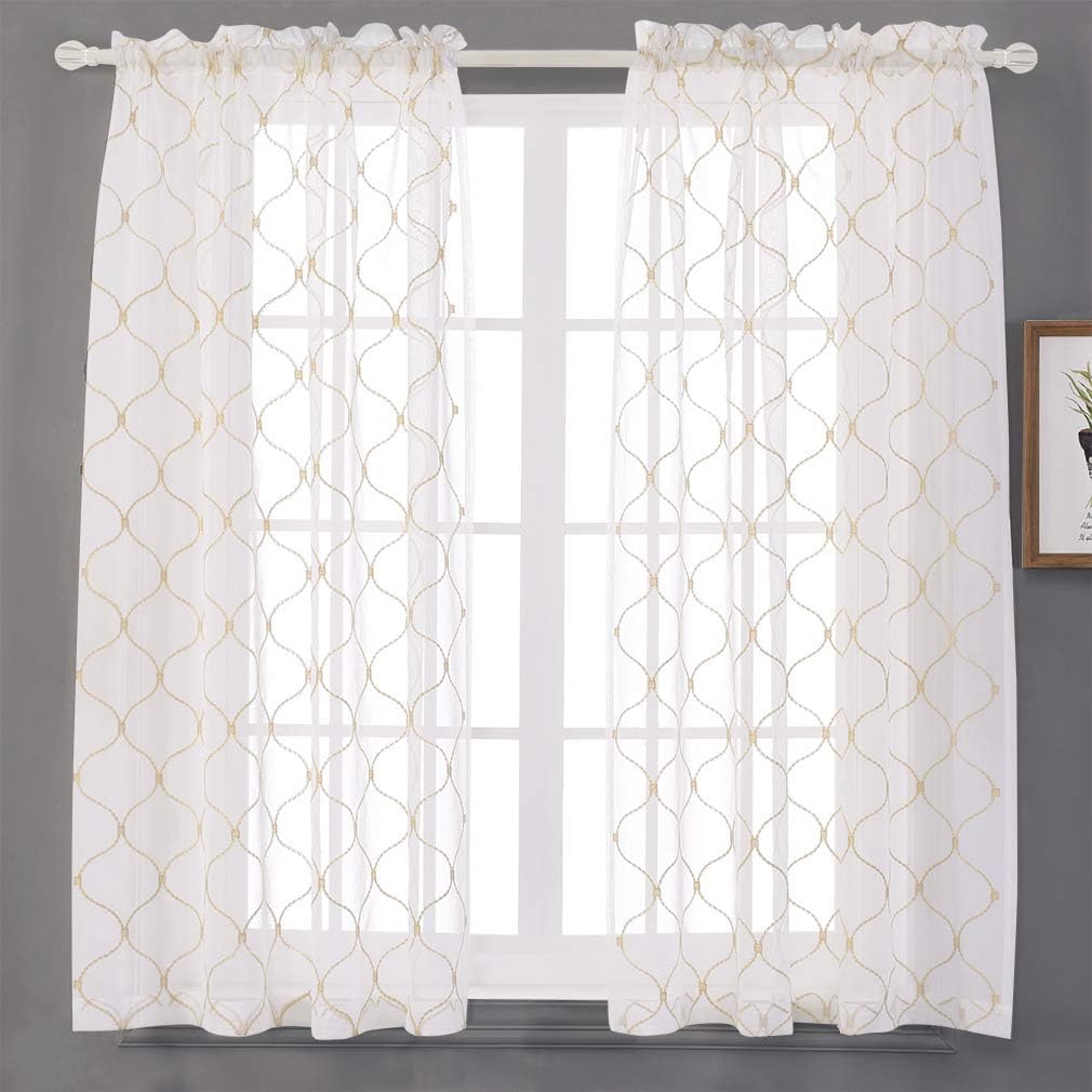 Sheer Curtains Gold 45 Inches, Embroidered Wave Diamond Rod Pocket Voile Drapes for Living room, Bedroom, Window Treatments Semi Curtain Panels for Yard, Patio, Villa, Parlor, Set of 2, 52"x 45".