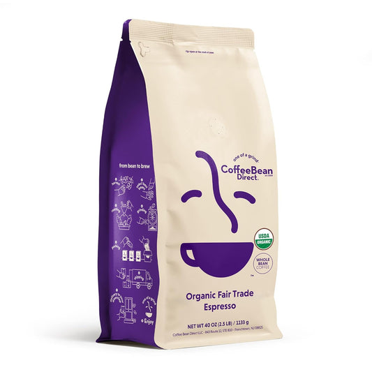 Coffee Bean Direct Organic Fair Trade Espresso, Whole Bean Coffee, Dark Roast, 2.5 Pound Bag (Pack of 1)