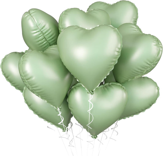 Sage Green Heart Balloon, 10PCS Green Foil Heart Balloons, 18inch Olive Green Heart Shape Balloons for Helium Birthday Party Decorations for Jungle Brithday Party, Valentines Day, Wedding, Anniversary