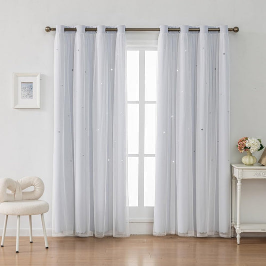 Ombre Rainbow Blackout Curtains for Kid Girls Bedroom Living Room Darking Stripe Double Layer Star Cut Out Wall Home Decor Gradient Grommet Window Curtains (Greywish White 72)