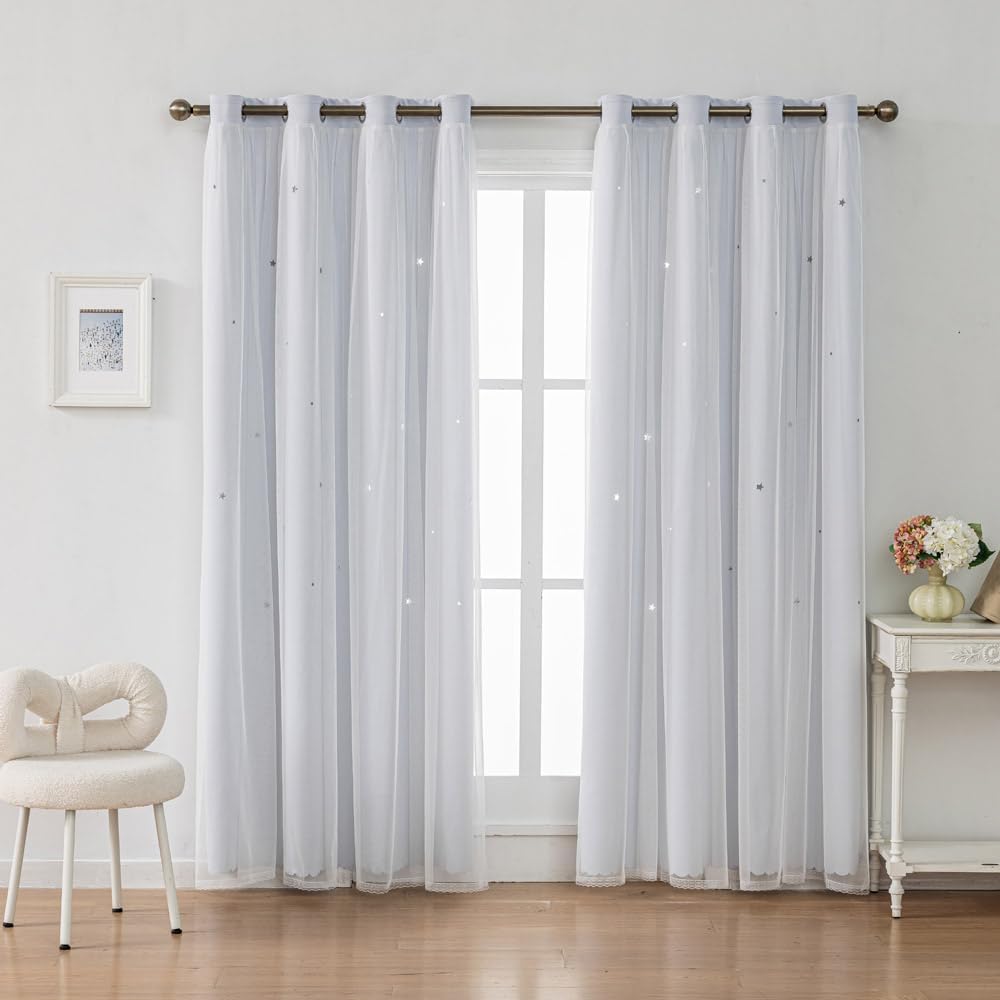 Ombre Rainbow Blackout Curtains for Kid Girls Bedroom Living Room Darking Stripe Double Layer Star Cut Out Wall Home Decor Gradient Grommet Window Curtains (Greywish White 63)