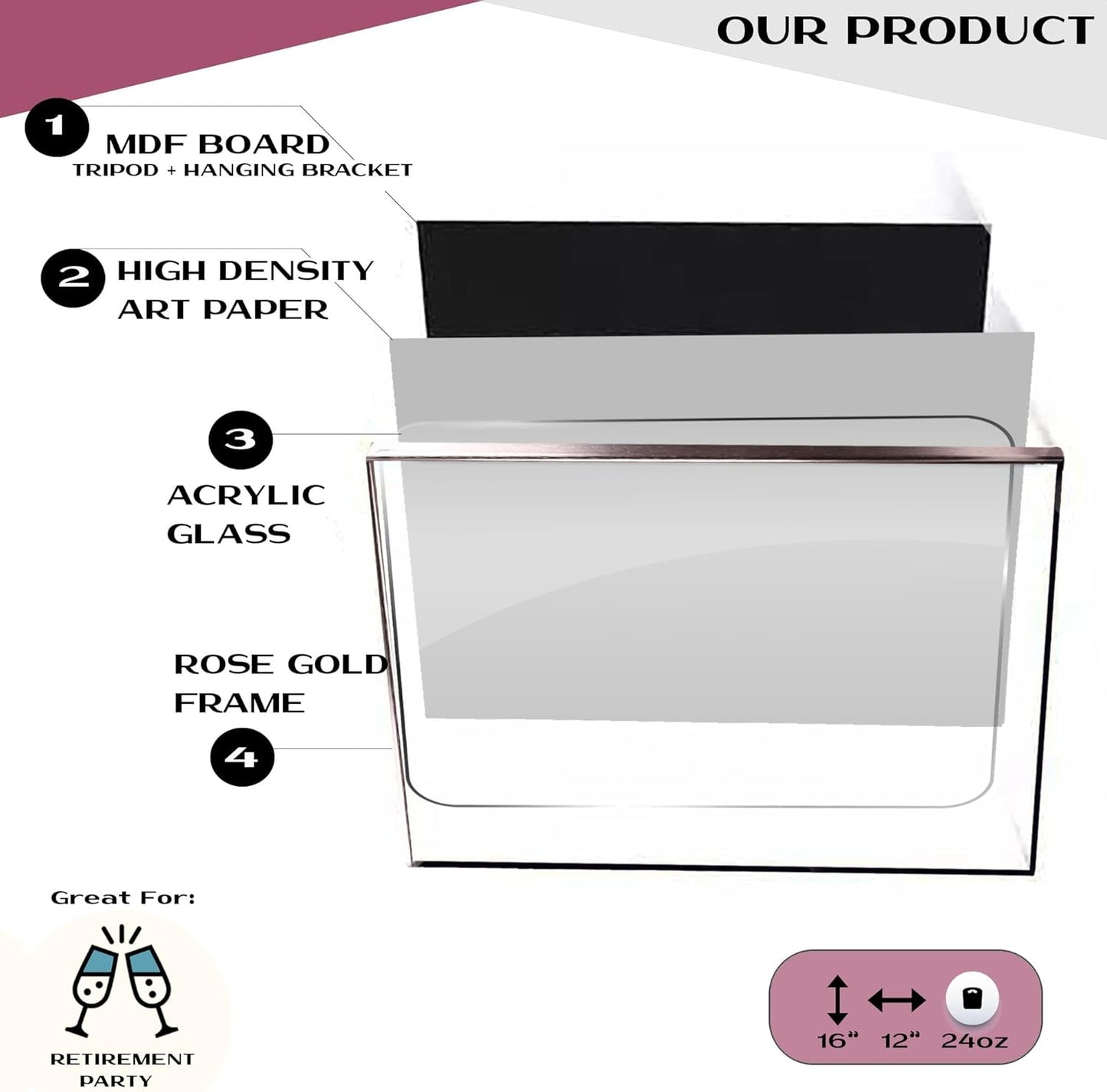 Framed Rose Gold Retirement Decorations Guest Book 12"x16" for Women - Happy Retirement Party Decorations - including Rose Gold Pen & Acrylic Glass - Unique Retired Gift