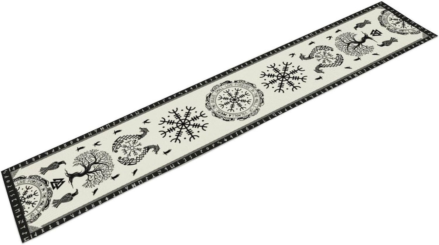Ancient Abstract Pattern Table Runner, Tree of Life Eagle Dragon Boat Rudder Black and White Table Runner 13x60 Inch