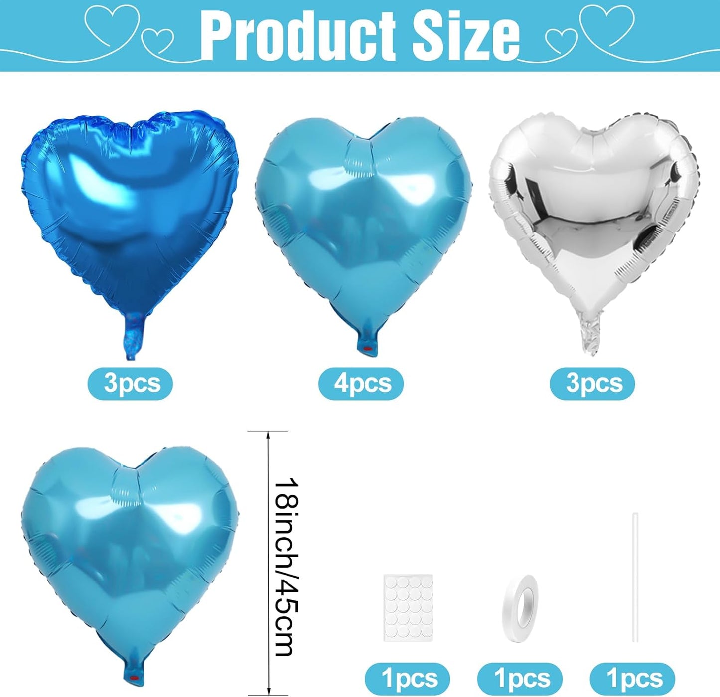 Blue Silver Heart Balloons,10Pcs Light Blue Foil Heart Shaped Love Balloons,18Inch Silver Helium Polyester Film Balloon for Valentines,Engagement,Birthday,Anniversary,Wedding Party Decorations