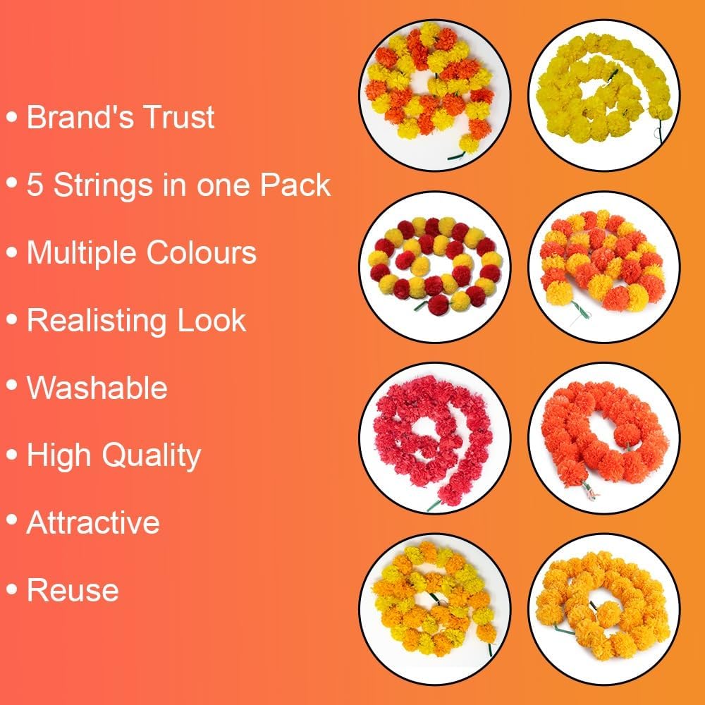 Artificial Marigold Garland for Decoration, Diwali Decorations Pack of 5 - Marigold Garland Flowers for Diwali Pooja -Traditional Indian Decoration (Red 5 PC | 4 to 4.5ft) Hashcart®