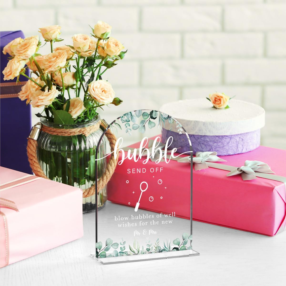 Acrylic Wedding Sign Bubble Send Off Signs for Ceremony Modern Calligraphy Arch Acrylic Table Top Signs for Wedding Reception and Event Party Table Decor (Eucalyptus Leaves)