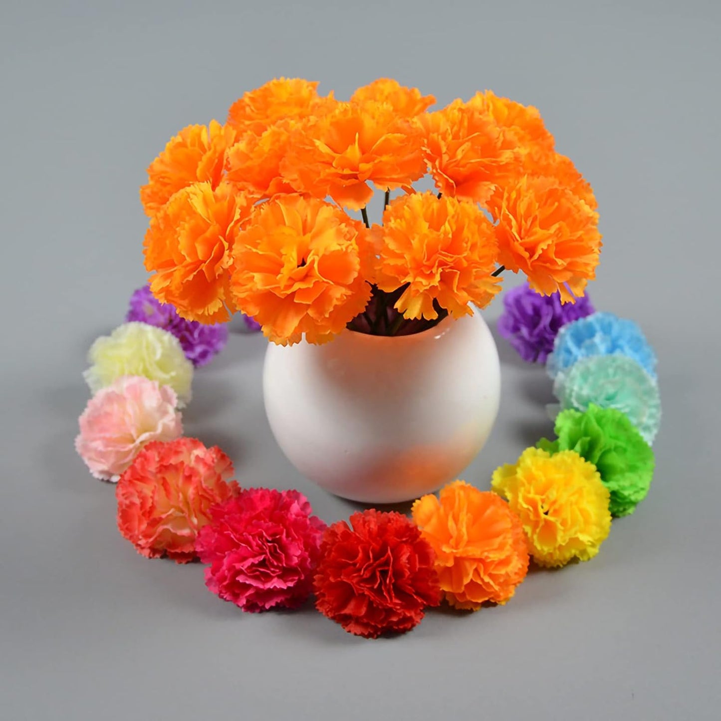 Hananona 50 Pcs Marigold Flower Heads Bulk, Silk Marigolds with Stems Artificial Mexican Flowers for Diwali Day of The Dead Dia De Los Muertos Ofrenda Decor