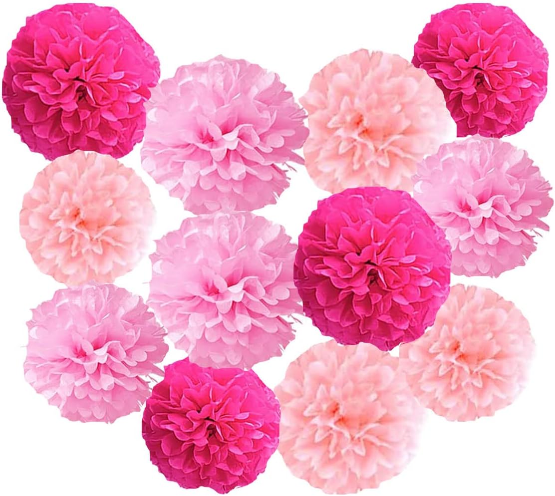 12pcs 8in 10in Pink Kit Paper Pom Poms Tissue Paper Flower Hanging Paper Flower Balls Wedding Party Flower Decorations DIY Art Craft Blooms for Birthday Baby Shower Nursery Decor