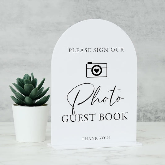 Acrylic Photo Guestbook with Stand- 5"x7" White Arched Wedding Sign and Base,1/8" Thick | Modern Calligraphy Black Lettering Arch Acrylic Sign for Wedding Reception & Party(5x7Inch, White)