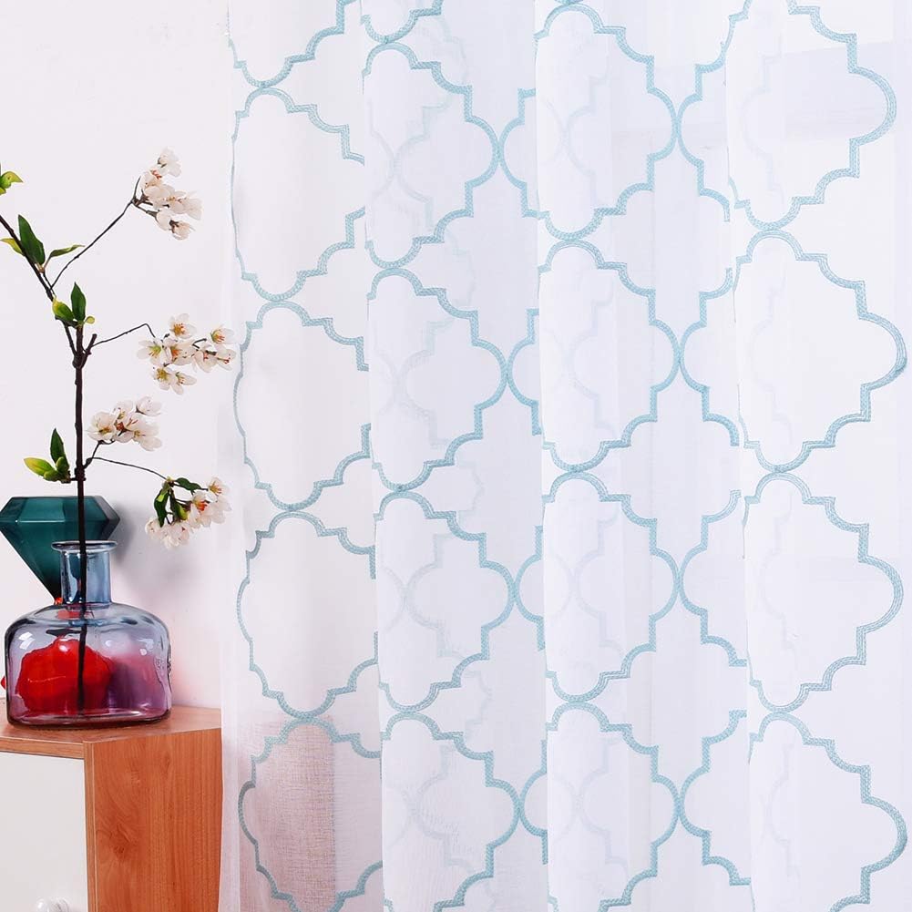 Embroidery Sheer Curtains Blue 63 Inch, Rod Pocket Voile Drapes for Living room, Bedroom, Window Treatments Moroccan Embroidery Semi Crinkle Curtain Panels for Yard, Patio, Villa, Set of 2, 52"x 63".